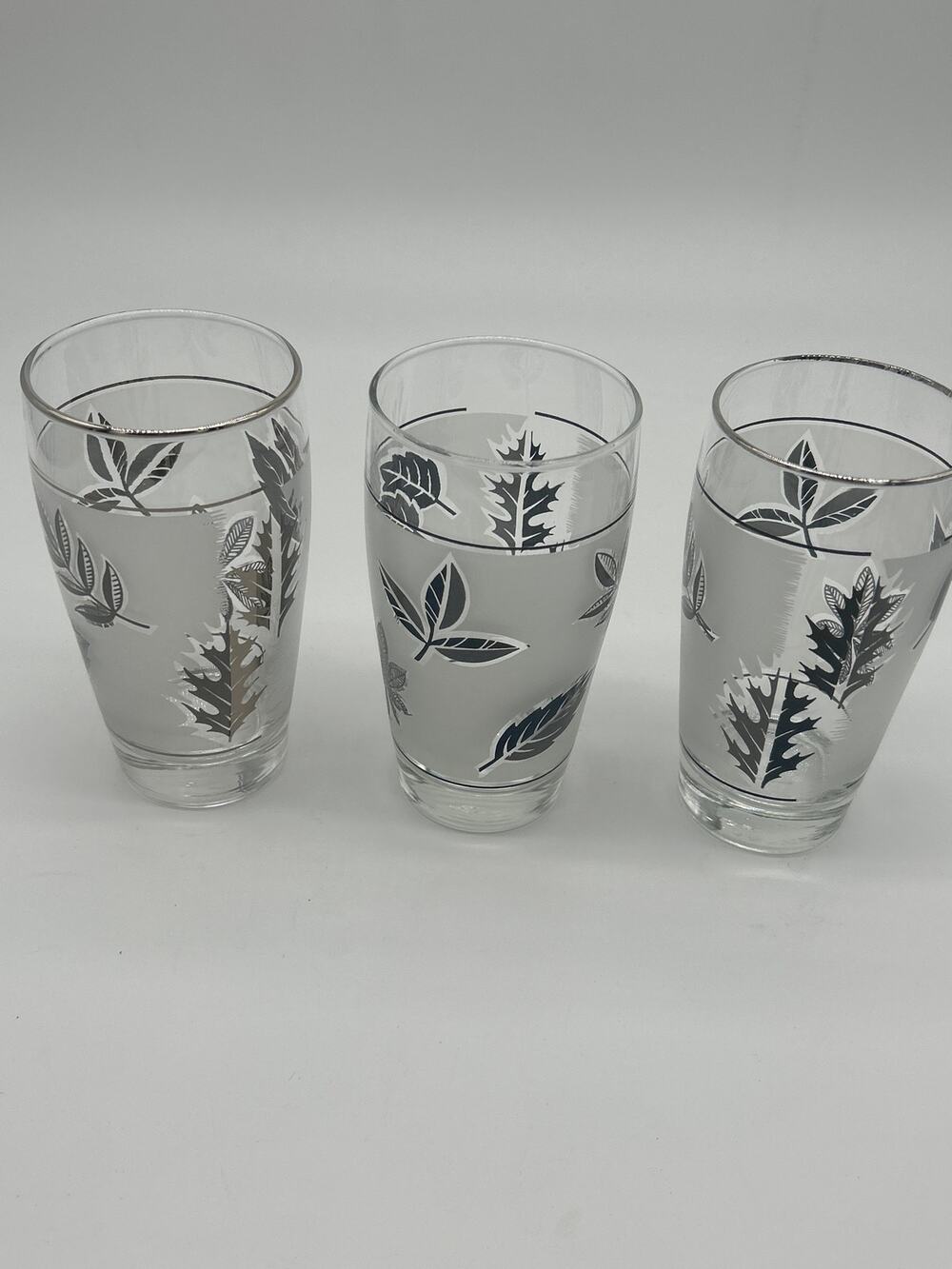 Libbey Frosted Leaf Drinking Glasses Set of 3 Silver Mid Century ~5.5” Tumblers